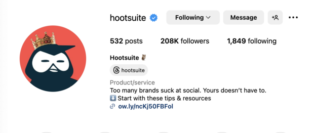Hootsuite Instagram account with creator page showing verified
