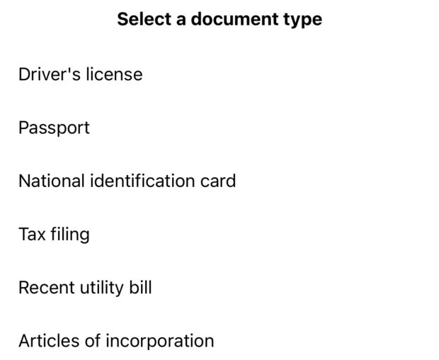 select a document type driver's license passport national identification card