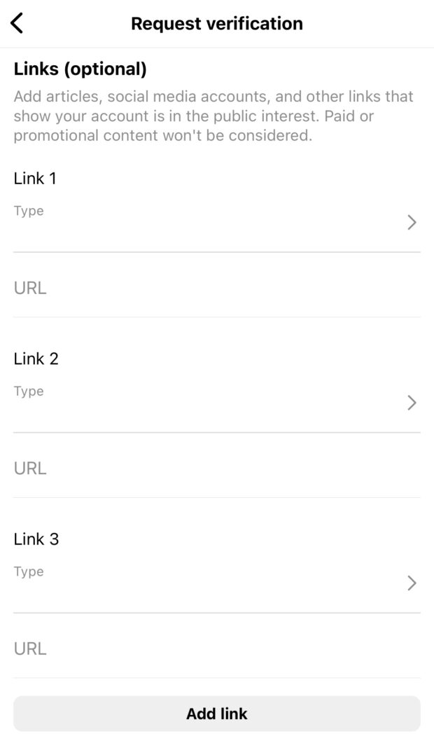 optional links via request verification on Instagram
