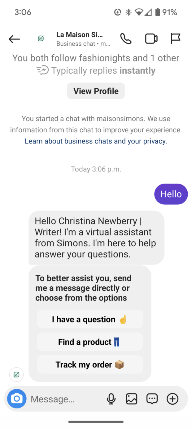 Simons retailer virtual assistant AI chatbot