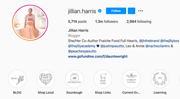 instagram highlight icons on Jillian Harris's profile