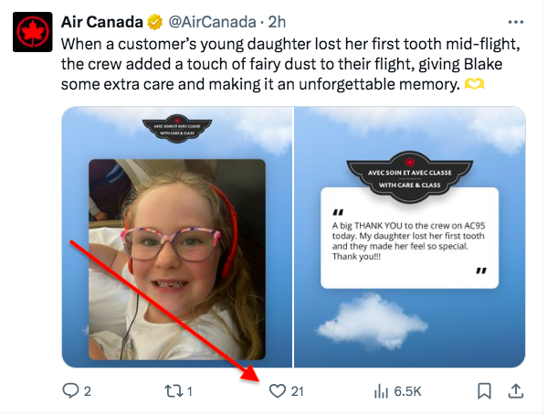 X (Twitter) post screenshot with arrow pointing to the "Like" button