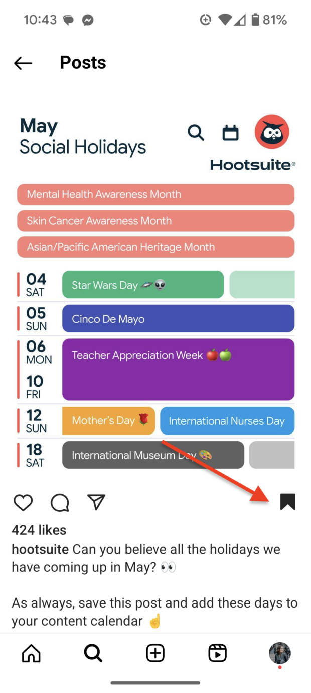 Instagram post screenshot with arrow pointing to the "Save" button