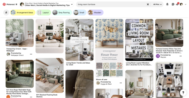 Pinterest living room furniture search results with integrated ads