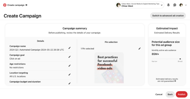 Create campaign summary and estimated impact with potential audience size for ad group