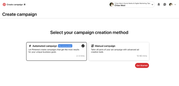 Select campaign creation method automated or manual options