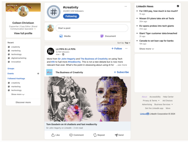 LinkedIn feed creativity hashtag search results