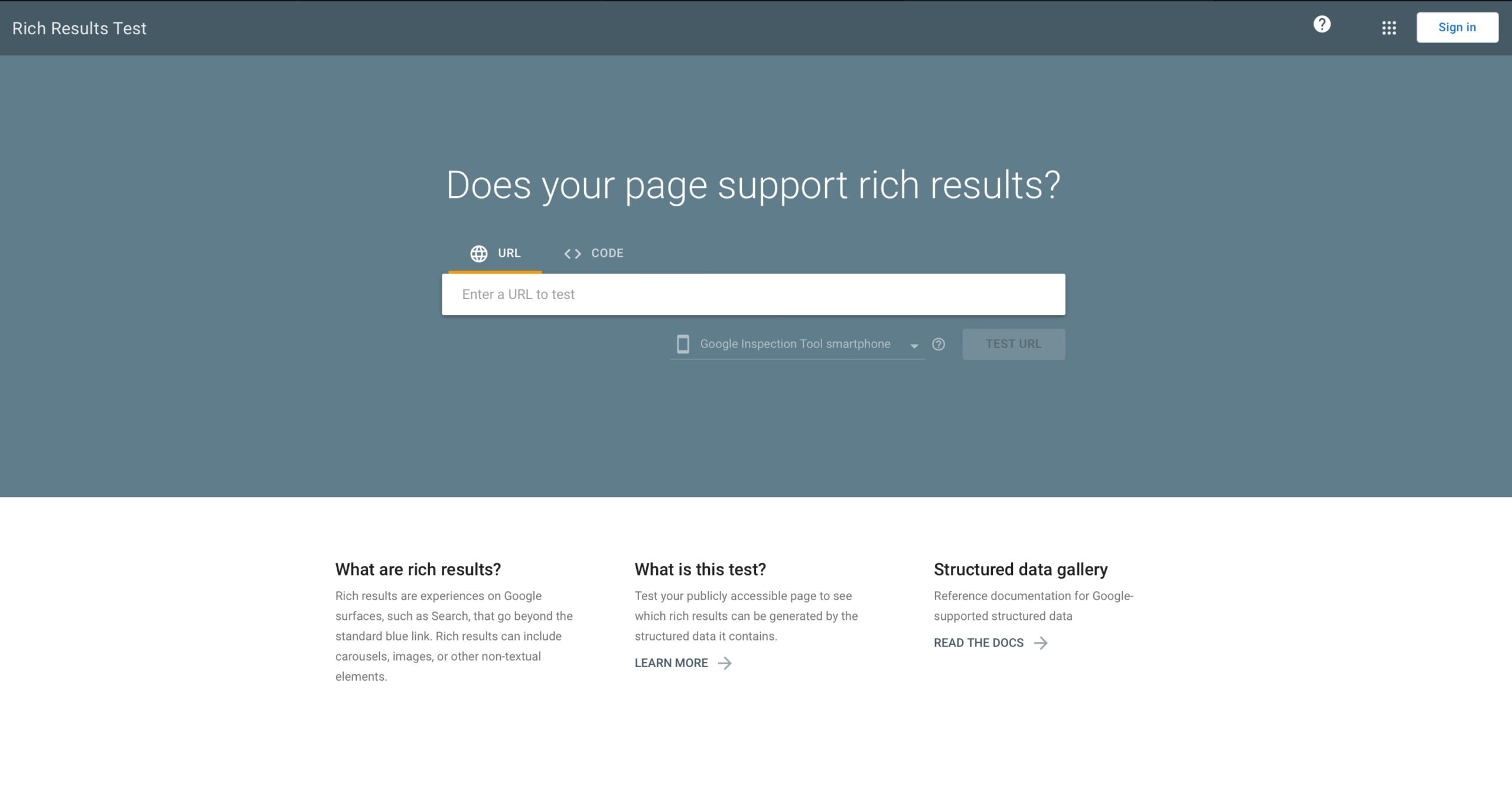 the homepage of the Rich Results Test with a big white bar to fill in the URL to test