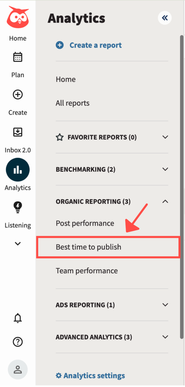 arrow pointing to best time to publish feature in Hootsuite left menu