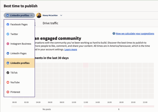 drop down menu in hootsuite analytics showing options for different social media accounts