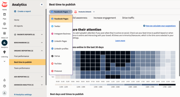 dropdown menu in Hootsuite analytics dashboard showing facebook pages to choose from