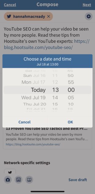 The schedule Tweet option in Hootsuite mobile