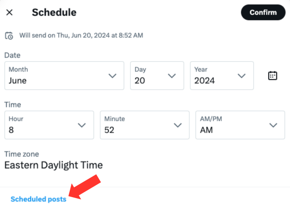 The schedule tab in twitter showing the scheduled posts highlighted in the bottom left corner