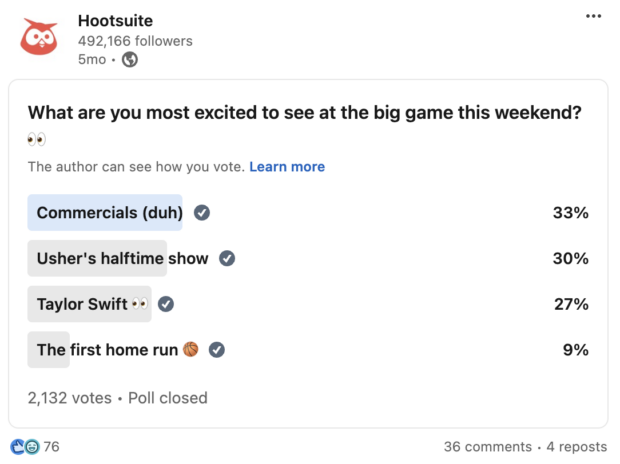 Superbowl themed audience poll on Hootsuite's LinkedIn account