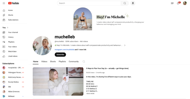 A fully optimized YouTube channel for @muchelleb includes a profile photo, channel art, channel description, contact info, and much more