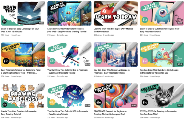 A grid showing Art with Flo's well-branded thumbnails