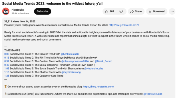 A screenshot from a Hootsuite YouTube video description that is keyword optimized