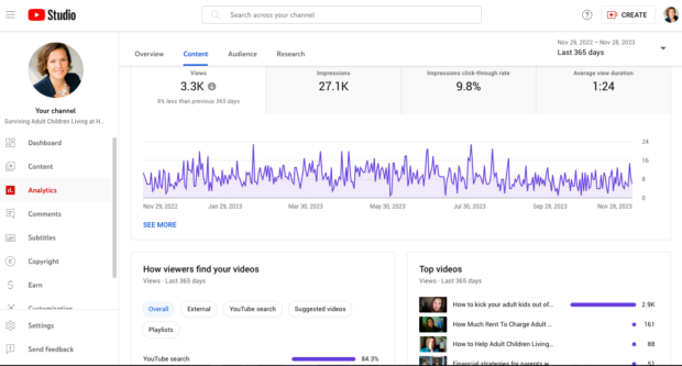 A screenshot of YouTube Analytics showing detailed data like viewers, impressions, and more