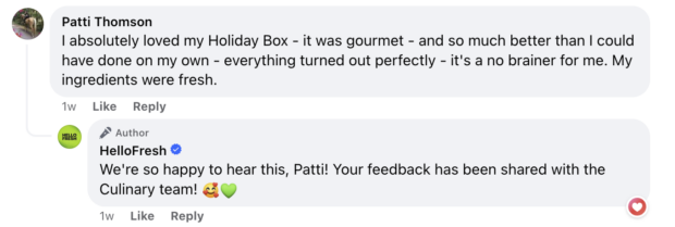 customer comment on hello fresh facebook post with positive response