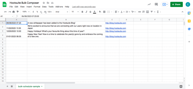 Hootsuite's bulk composer spreadsheet template
