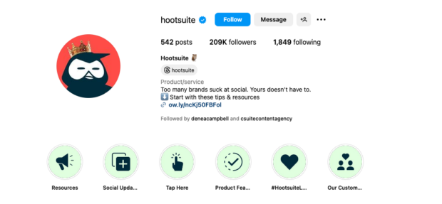 The Hootsuite Instagram profile is shown, with stats like number of posts, followers, etc