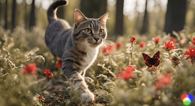 A generated tabby cat chases a red and black butterfly through a forest.