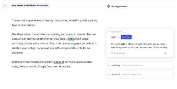Grammarly real estate social media automation paragraph