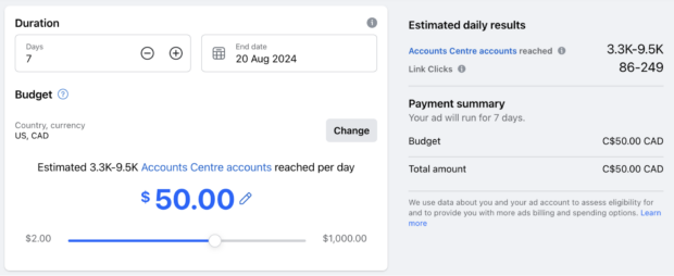 Duration budget and estimated daily results