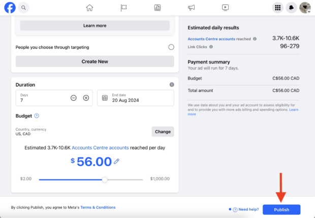 Budget duration and estimated daily results