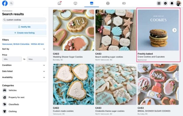 Facebook Marketplace sponsored ad freshly baked cookies