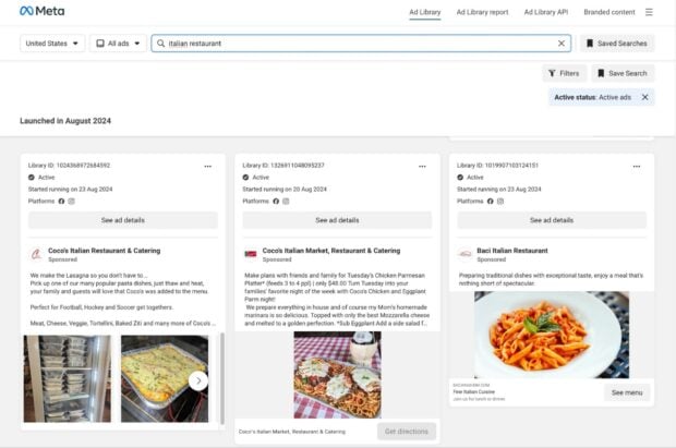 Facebook Ads Library italian restaurant search