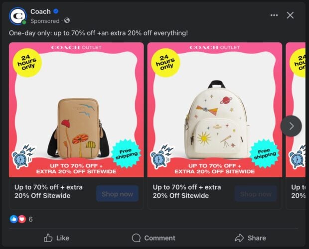 Coach colourful Facebook ad showcasing backpacks and other products on sale