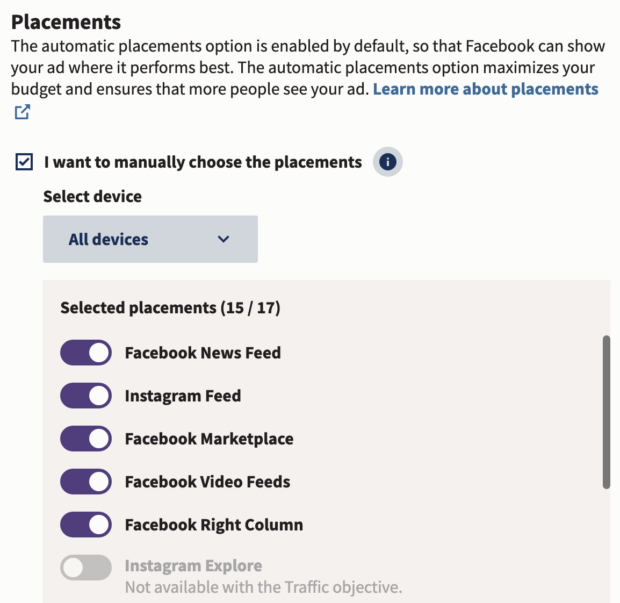 Placements manually choose and device selection