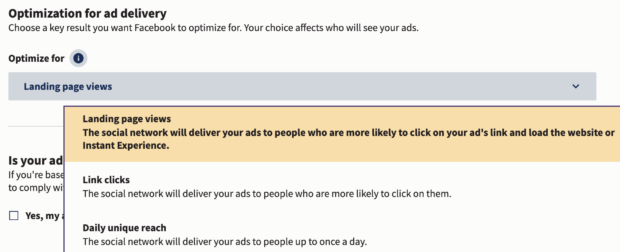 Optimize for ad delivery landing page views link clicks or daily unique reach