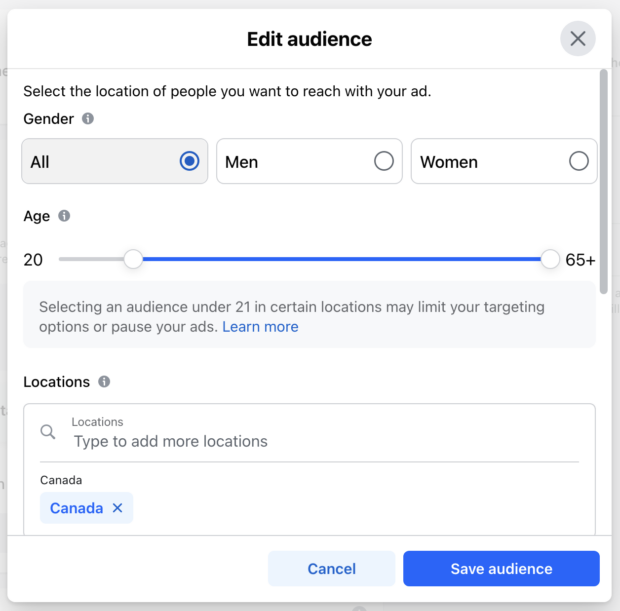 Edit audience gender age and locations