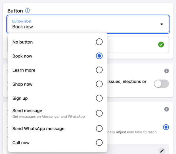 Action button such as book now learn more and sign up