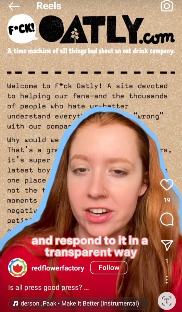 Red Flower Factory Instagram Reel response to negative press on Oatly brand