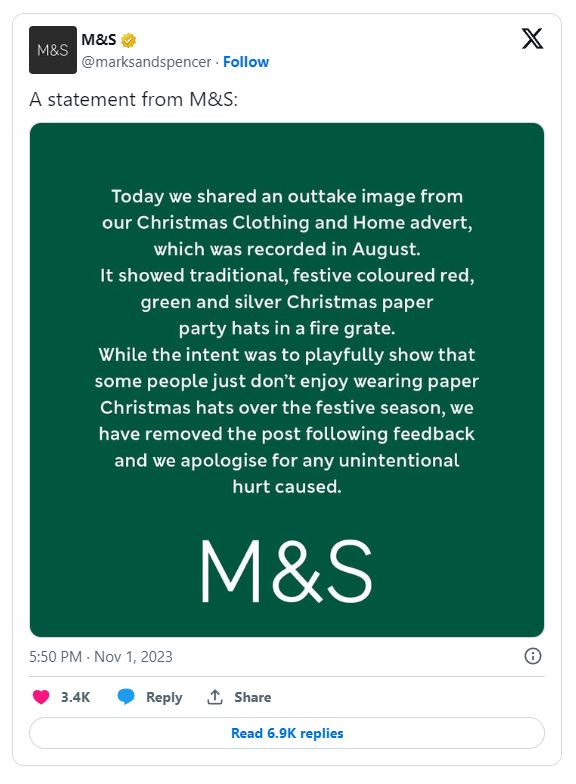 Marks & Spencer public apology and explanation for Christmas event colors