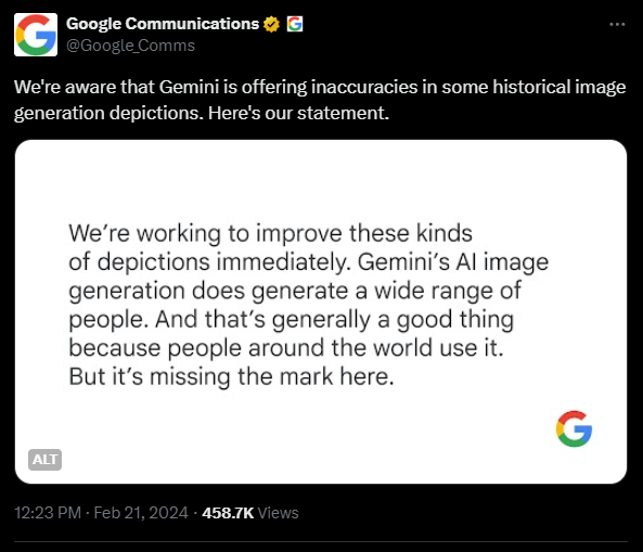 Google Communications issues with Gemini AI accuracy for historical image generation