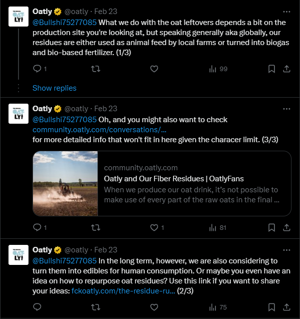 Oatly response on X with detailed explanation of oat leftover usage