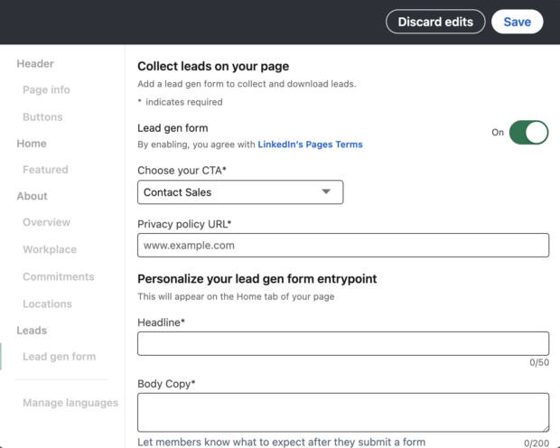 Collect leads on your page lead gen form