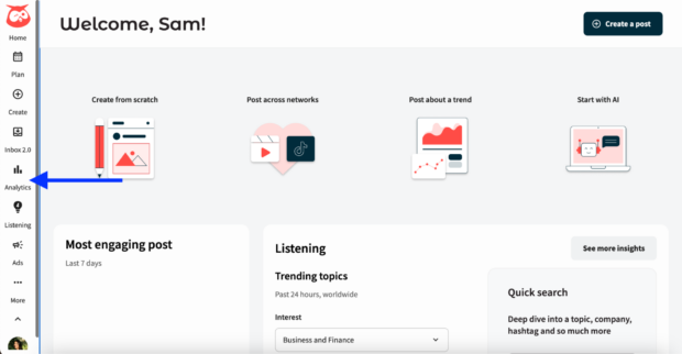 Hootsuite dashboard Analytics button left side menu