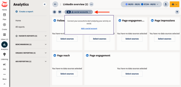 Create report and select LinkedIn page or profile from social account drop down