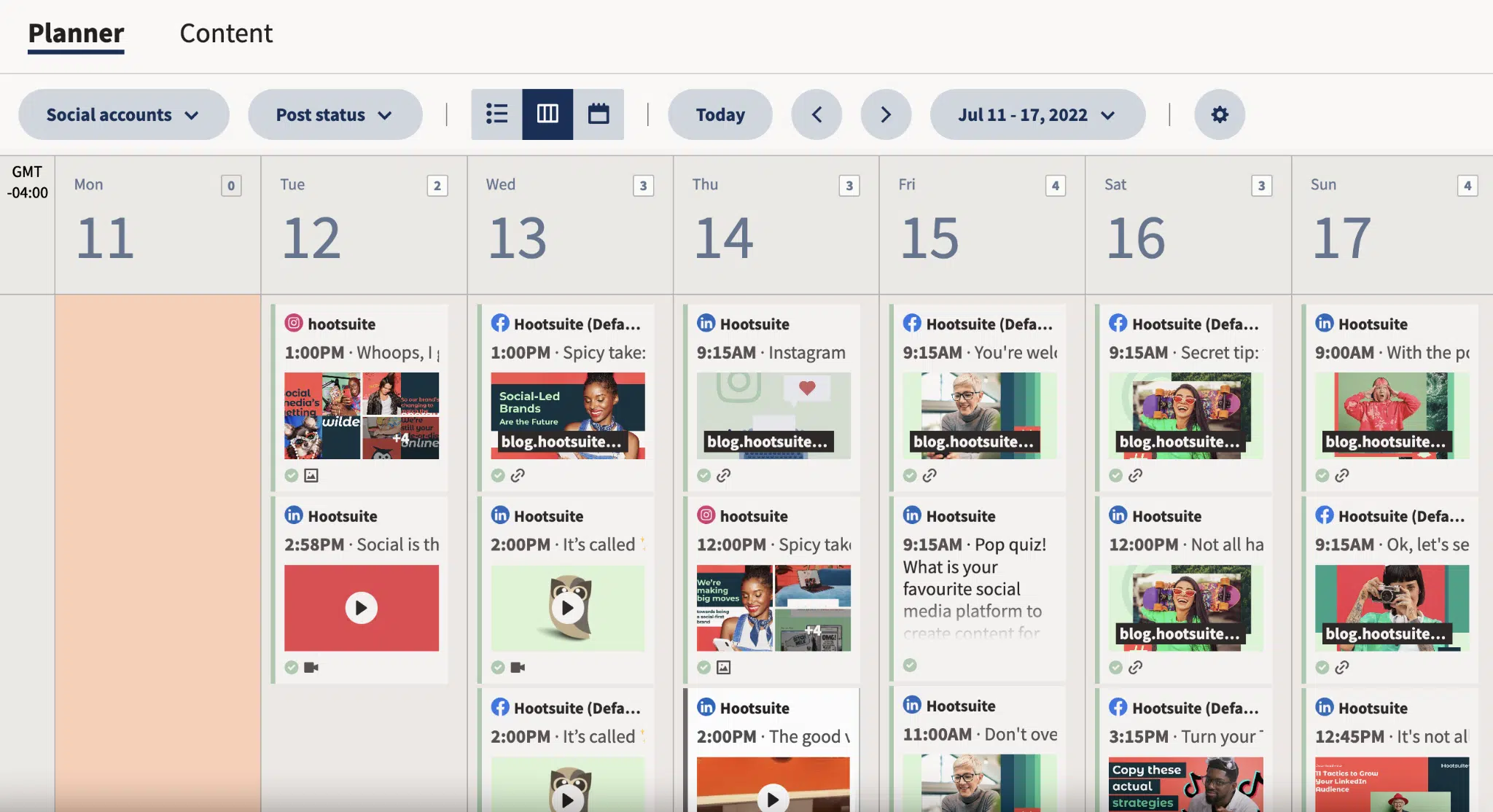 posts scheduled and shown in hootsuite planner calendar view