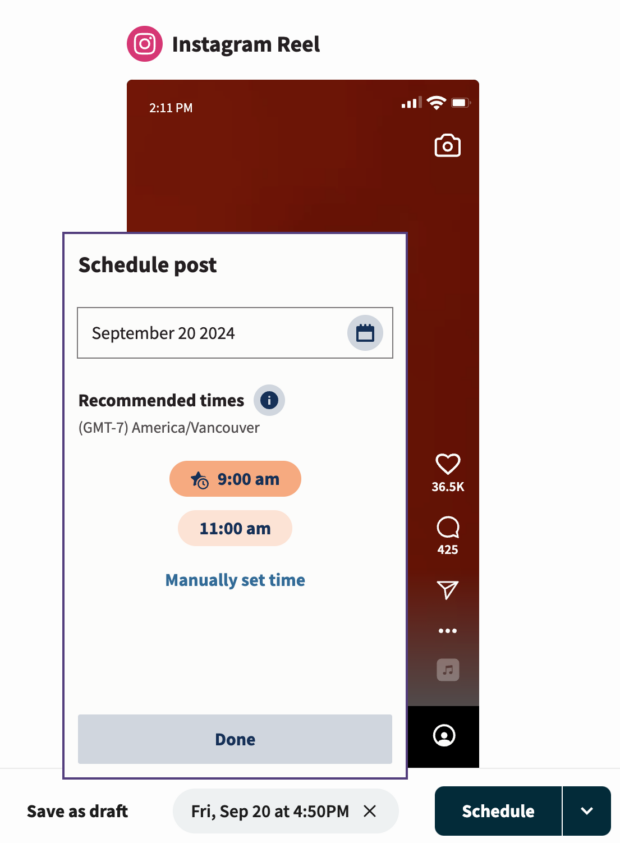 best time to post instagram reel schedule via hootsuite