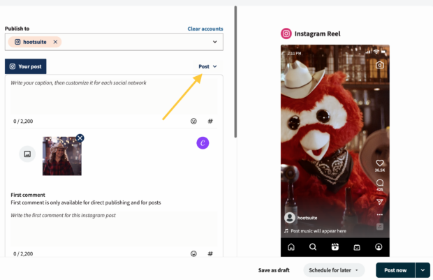 selecting post when scheduling an instagram reel using hootsuite