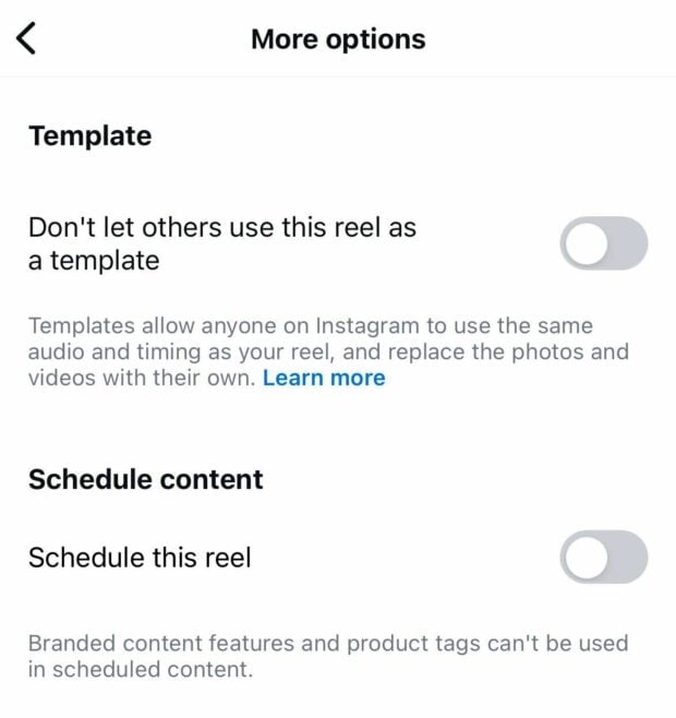 schedule instagram reels schedule this reel toggle