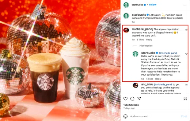 starbucks negative review instagram comment reply