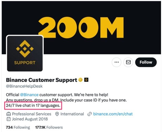 Binance customer support 24/7 live chat in 17 languages