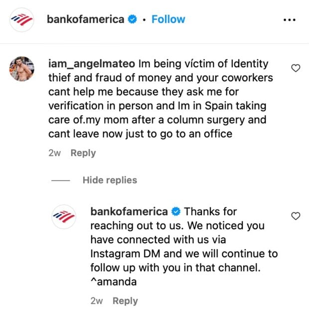 Bank of America personalized comment reply